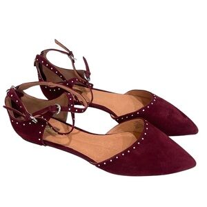 Halogen Olson Studded Cross Ankle Strap Suede Point Toe Flats SZ 12 Burgundy